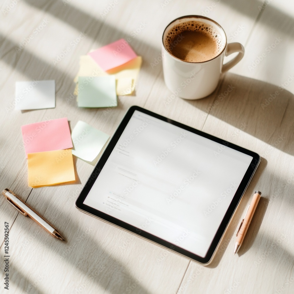Aufkleber scandinavian workspace flat-lay tablet with e-learning interface and vibrant stationery on wooden su