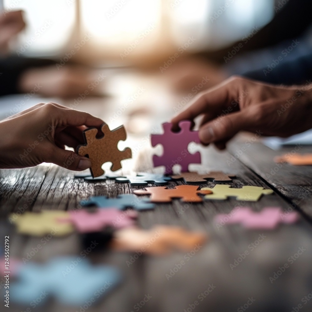 Aufkleber Collaborative Creativity Hands of Diverse Team Assembling Puzzle on Rustic Wooden Table - Enhancing Corporate Culture and Innovative Team-Building in Modern Workspaces