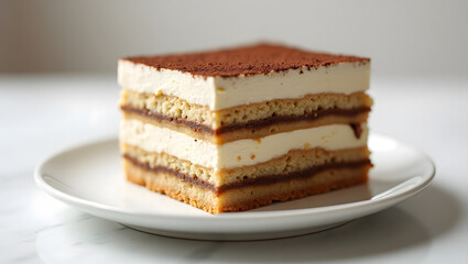 Slice of tiramisu cake on a white plate with cocoa powder. Perfect for food blogs, restaurant menus, dessert recipes, and promotional materials.