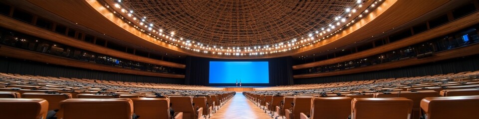 Naklejka premium Luxe Diplomatic Assembly Design Curved Walnut Desks and High-Tech Voting Systems in Domed Hall - Enhancing Parliamentary Efficiency and International Relations
