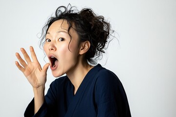 Astonished Asian Woman with Curly Hair Open Mouth Hand to Mouth Shocked Expression