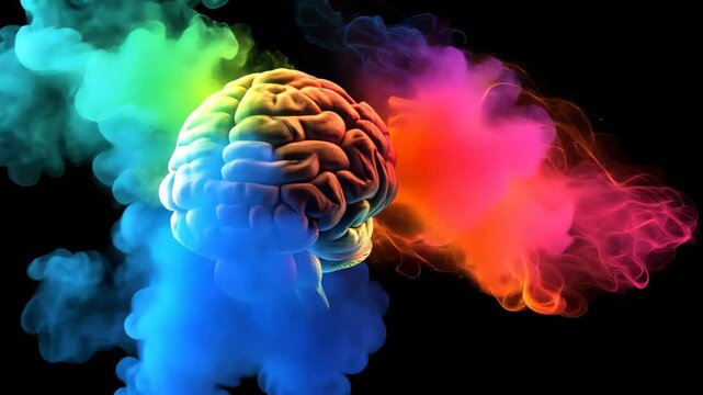 Colorful brain with vibrant smoke emanation and dynamic transformation