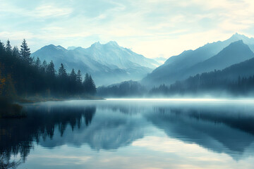 Fototapeta premium Serenity at Dawn: A Majestic Mountain Lake Wrapped in Morning Mist