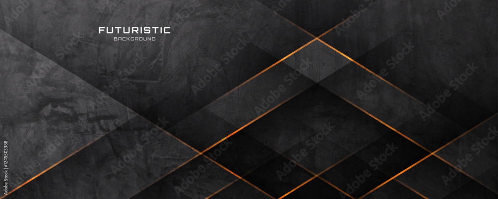 Wall mural 3d black rough grunge abstract background overlap layer on dark space with orange lines effect decor