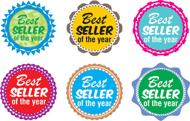 Fototapeta premium Best seller of the year badges set in multiple style. Ideal for sale offer posts on social, electronic and print media. Grunge Round Signs.