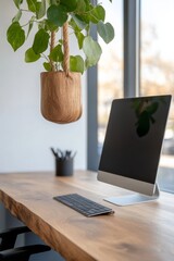 Fototapeta premium Scandinavian Workspace Design Minimalist Wooden Desk with Hanging Plant and Monitor - Eco-Friendly Office Aesthetics for Enhanced Productivity and Well-Being