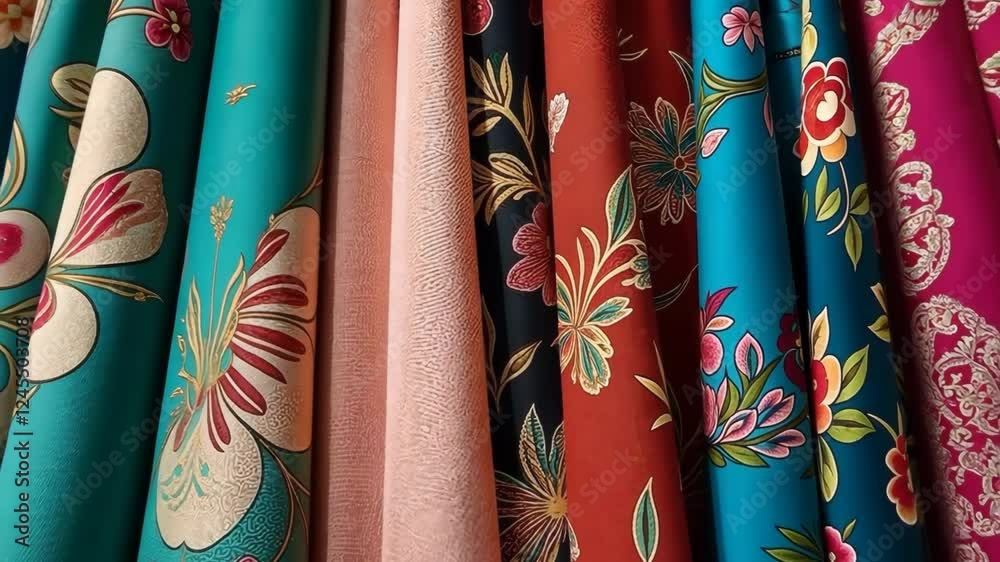 Poster A row of colorful fabric with flowers on them. The fabric is arranged in a line. The fabric is blue and red