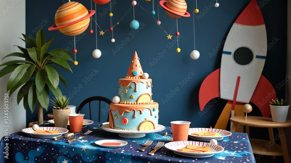 Poster A table with a cake on it and a rocket on the wall. There are also cups and forks on the table