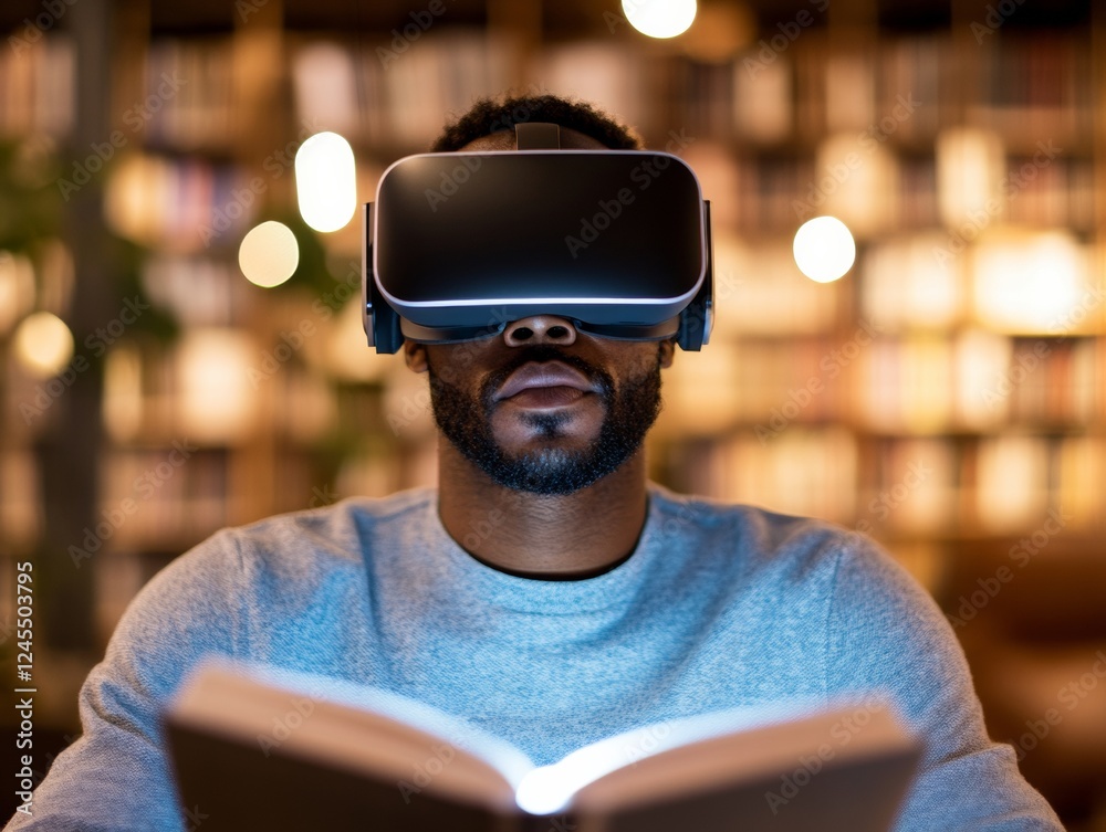 Poster immersive virtual reading experience cozy modern home setup with vr headset for black young professi