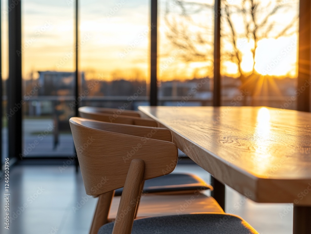 Poster Warm Scandi Reading Nook Modern Wooden Table and Chairs Ensemble in Minimalist Library Space - Enhancing Relaxed Productivity and Commercial Reading Environments