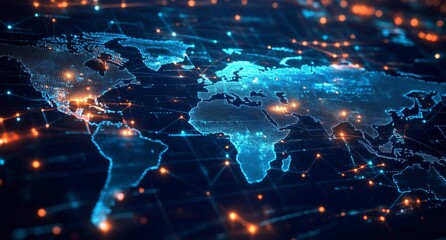 Global network data flow, digital world map, glowing connections, background technology, website banner