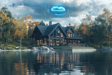 Obraz premium AI-powered holographic visuals project weather predictions at a lake house.