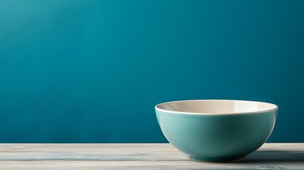 Minimalist ceramic bowl in a simple clean design placed on a wooden table surface  The bowl is set against a vibrant turquoise and blue toned background