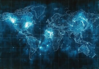 Fototapeta premium Abstract World Map With Data Connections Highlighting Global Networks And Technology in Blue Tones, Illustrating Connectivity And Digital Presence