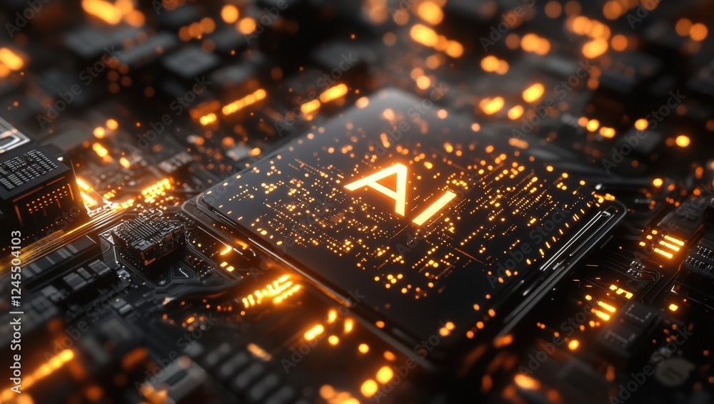 Poster advanced technology concept featuring a computer chip illuminated with bright lights and the letters