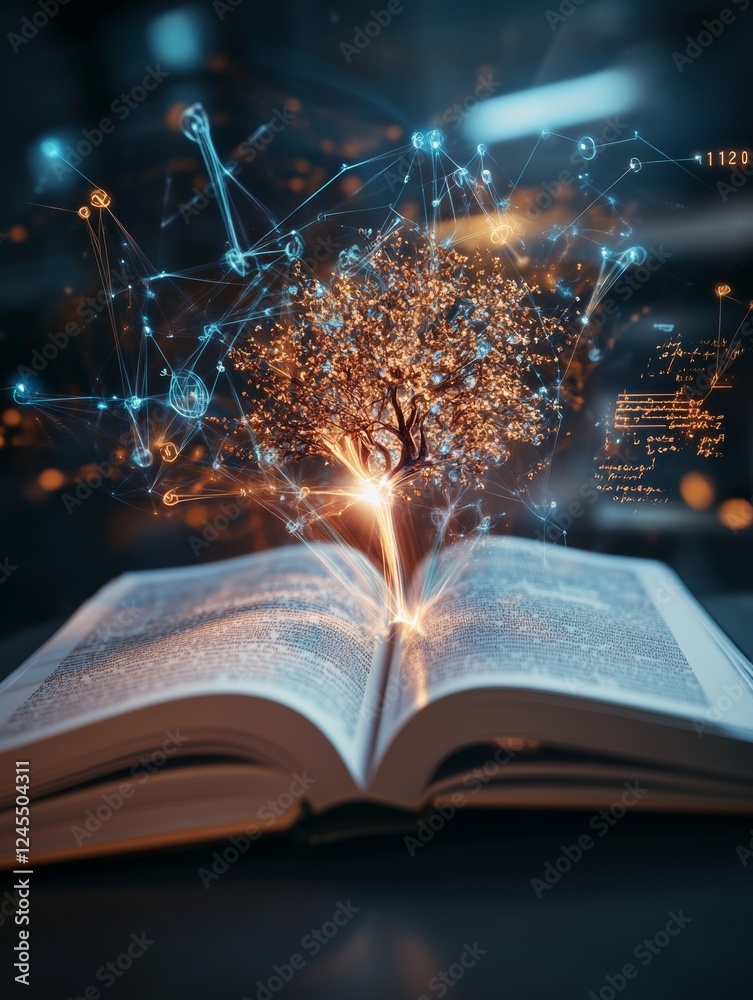 Aufkleber Futuristic Educational Visualization Digital Book with Luminescent Tree and Formulas - Advanced Learning Tools in STEM and AI Development