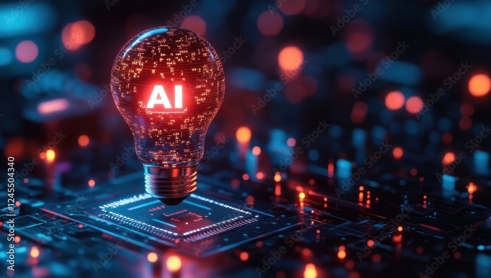 Poster ai technology concept with illuminated bulb on circuit board, featuring digital connections and neur