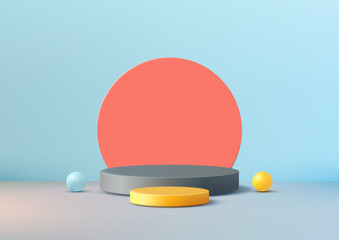 3D Gray and Yellow Two Tiered Podium with Coral Circle and Light Blue Backdrop for Modern Product Display and Showcase