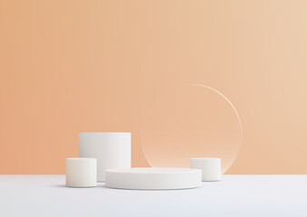 Minimal 3D White Cylinder Podium with Circular Accent on Light Orange Background for Product Display