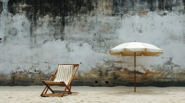 A folded beach chair next to a wide, striped umbrella, minimalistic approach