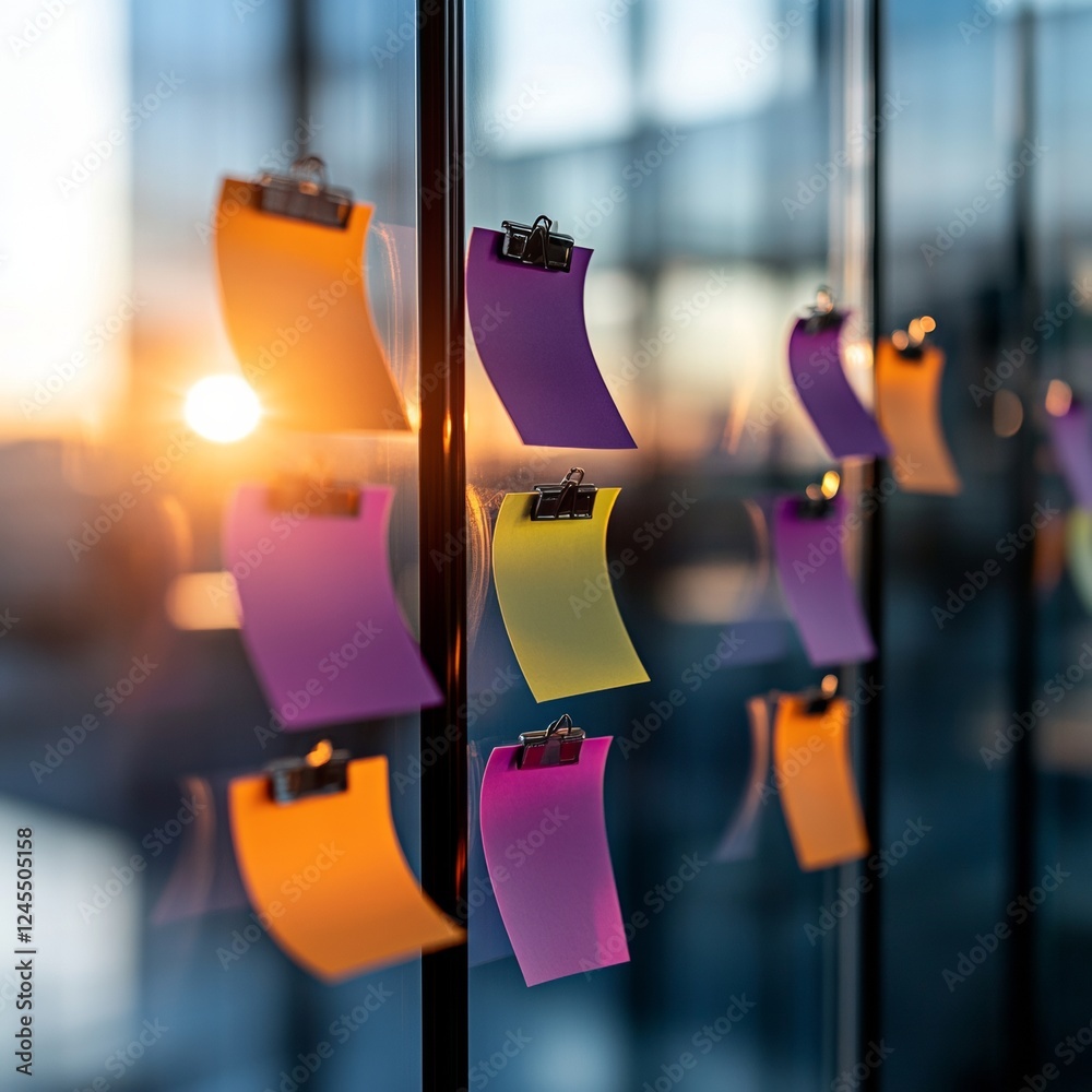 Aufkleber Collaborative Innovation Hub Diverse Group Using Vibrant Sticky Notes in Sunlit Modern Office - Enhancing Creativity and Open-Minded Brainstorming in Cross-Cultural Business Spaces