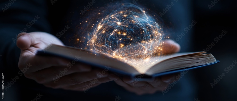 Leinwandbilder futuristic reading experience soft blue glow and interactive storybook icons in cozy abstract for mo
