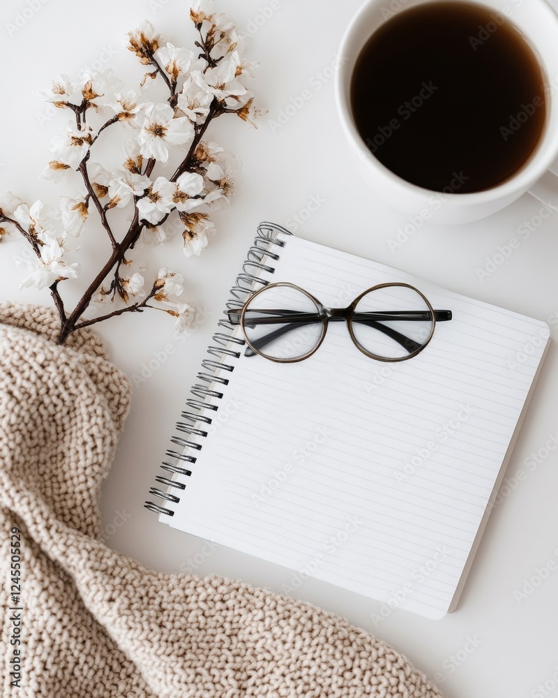 Poster Scandinavian Minimalist Workspace Round Glasses and Blooming Branch on Textured Notebook with Knit Blanket - Warm Aesthetic Content for Modern Office and Creative Industries