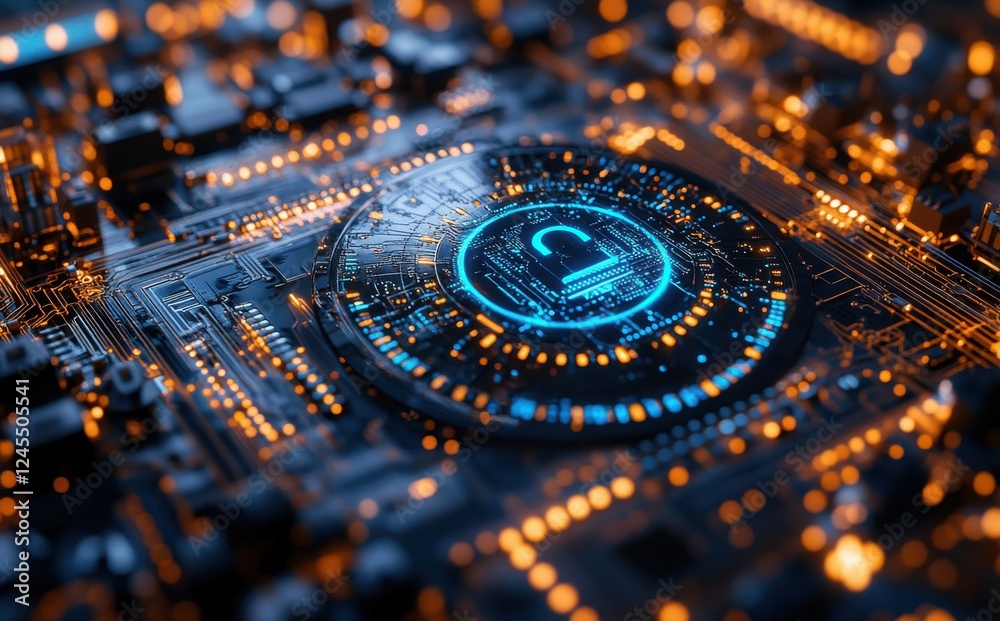 Poster circuit board with glowing components and illuminated patterns showcasing technology and digital inn