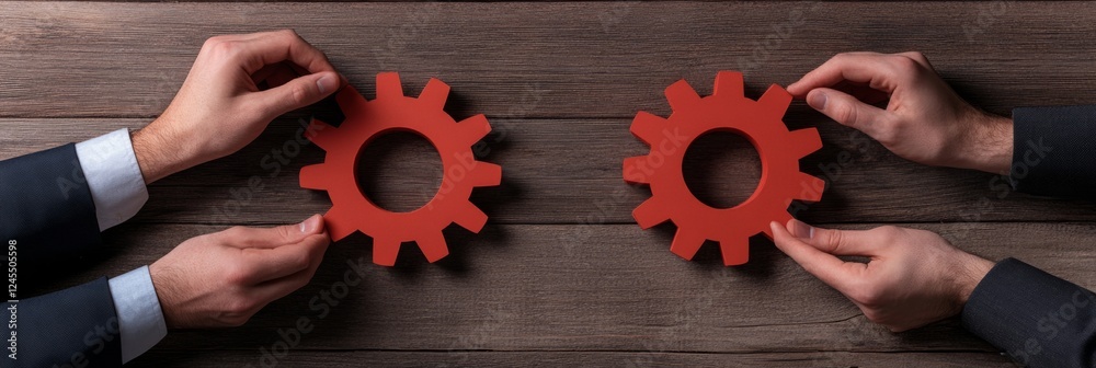 Poster rustic industrial aesthetic hands aligning gears on wooden surface - collaborative business strategy