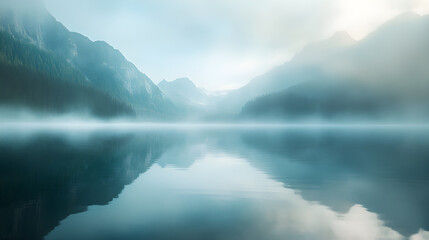 Fototapeta premium Serenity at Dawn: A Majestic Mountain Lake Wrapped in Morning Mist