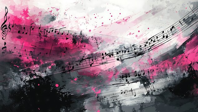 an abstract explosion of vibrant colors and musical notes, creating a dynamic and expressive artwork that blends music and art into a visually captivating composition