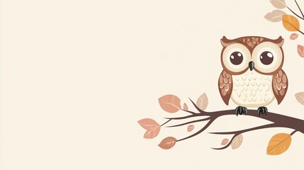 Cute Owl Sitting on a Branch with Autumn Leaves Minimalist Illustration on Plain Background