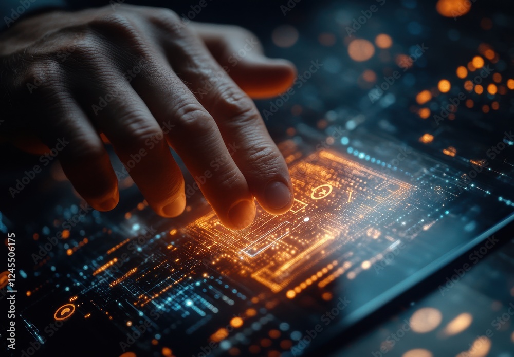 Poster close-up of a human hand interacting with a high-tech touchscreen display featuring complex data pat