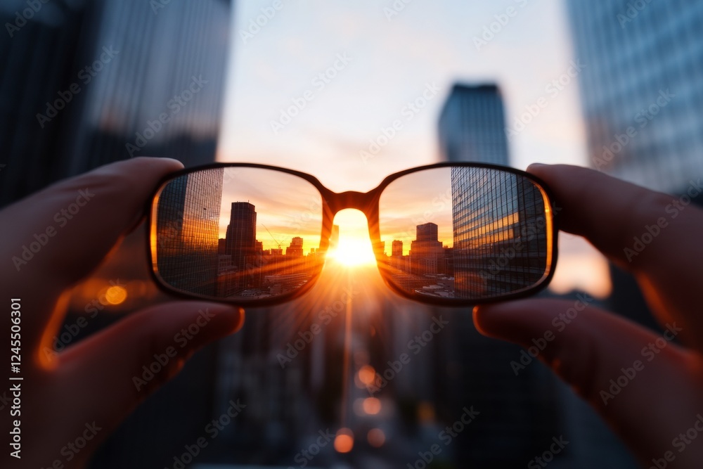 Poster urban sunset through glasses reflections on modern architecture and geometric symmetry - visual stor