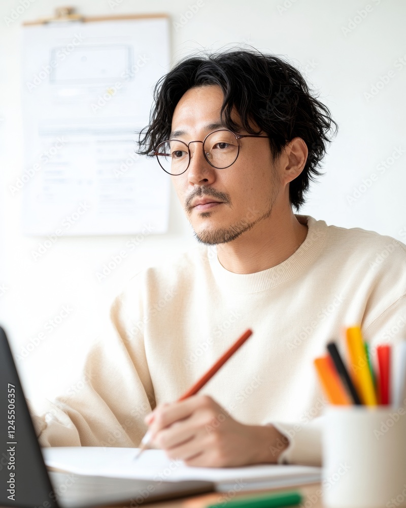 Poster Artisanal Website Prototyping Contemporary Asian Designer Sketches UI Wireframes with Pencil and Laptop - Bridging Analog Creativity and Digital Innovation in Tech Design
