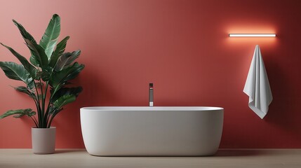 Fototapeta premium Sleek and modern luxury bathroom with minimalist design featuring a futuristic holographic weather display and smart home technology for a premium high tech living experience