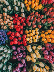 Flower market. Many bouquets of tulips, delicate spring flowers. Bouquet for March 8, Mother's Day. Colorful tulips with green leaves. Top view.