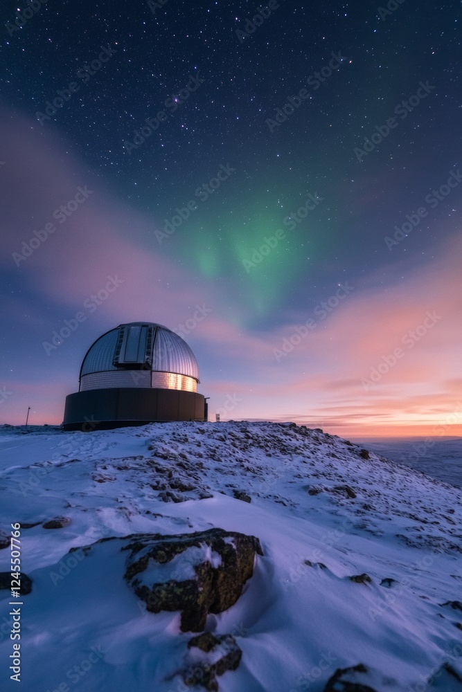 Aufkleber cutting-edge astronomy innovation contemporary observatory under auroral night sky - enhancing space