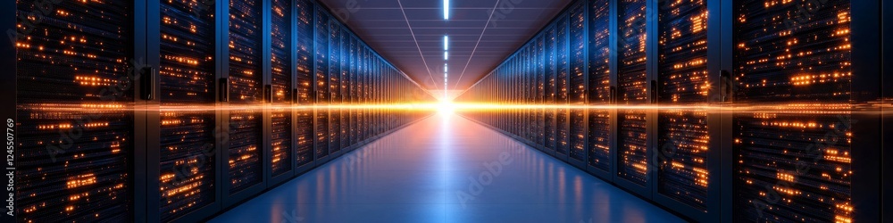 Poster Futuristic Data Center Corridor Illuminated Server Racks with Modern Network Infrastructure - Financial Tech and Digital Banking Ecosystem Visualization