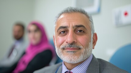 Confident doctor in clinic, colleagues blurred