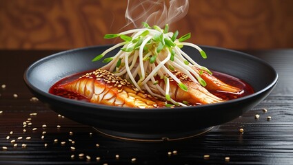 A steaming dish of spicy braised monkfish with bean sprouts, green onions, and toasted sesame seeds, set on a sleek black table, exudes rich, vibrant Korean flavors.