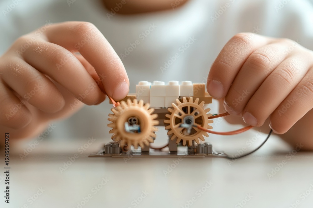 Poster Youth-Inspired STEM Exploration Small Hands Crafting High-Tech Mini Robot with Interlocking Gears on Wooden Table - Advancing Educational Robotics and Future-Ready Skills Development