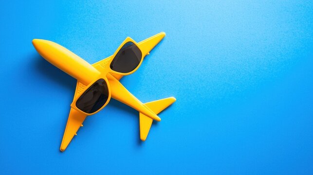 Yellow toy plane wearing sunglasses on blue background; summer travel concept