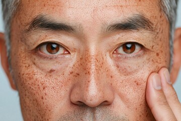 Close up of Mature Asian Man s Face Showing Skin Texture and Freckles