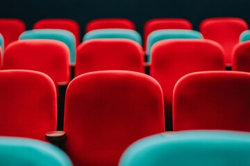 Fototapeta premium Retro Modern Theater Seating Vibrant Velvet Rows in Plush Auditorium - Luxury Entertainment Ambience and Venue Design for Premium Hospitality Experiences