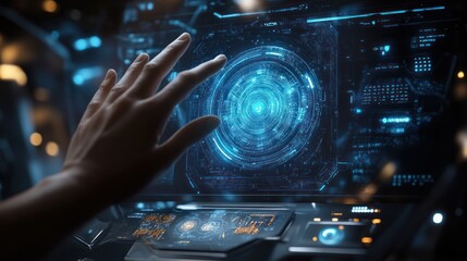 Fototapeta premium Hand interacting with futuristic holographic interface. (1)