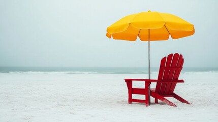 A red beach chair under a yellow umbrella, surrounded by soft white sand, minimal details