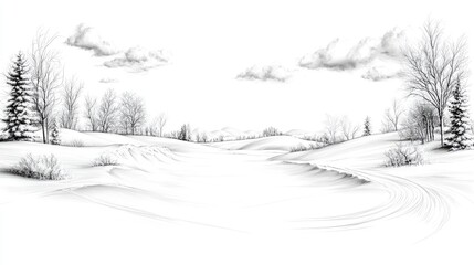 Snowy winter landscape, hills, trees, peaceful scene, nature illustration