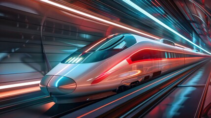 Fototapeta premium Futuristic Maglev Train Gliding Through Modern Urban Cityscape with Skyscrapers, Technology, Clean Energy, Innovation