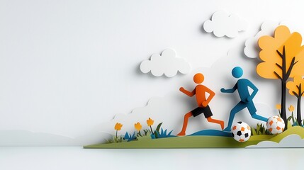 Fototapeta premium representation of and teamwork in a sports setting with two athletes running and playing soccer on a grassy field with autumn trees and clouds in the background